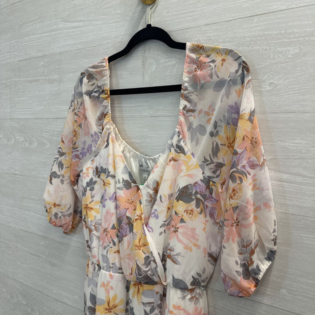 Luxology White/ Multi Floral Print Short Sleeve Maxi Dress Medium