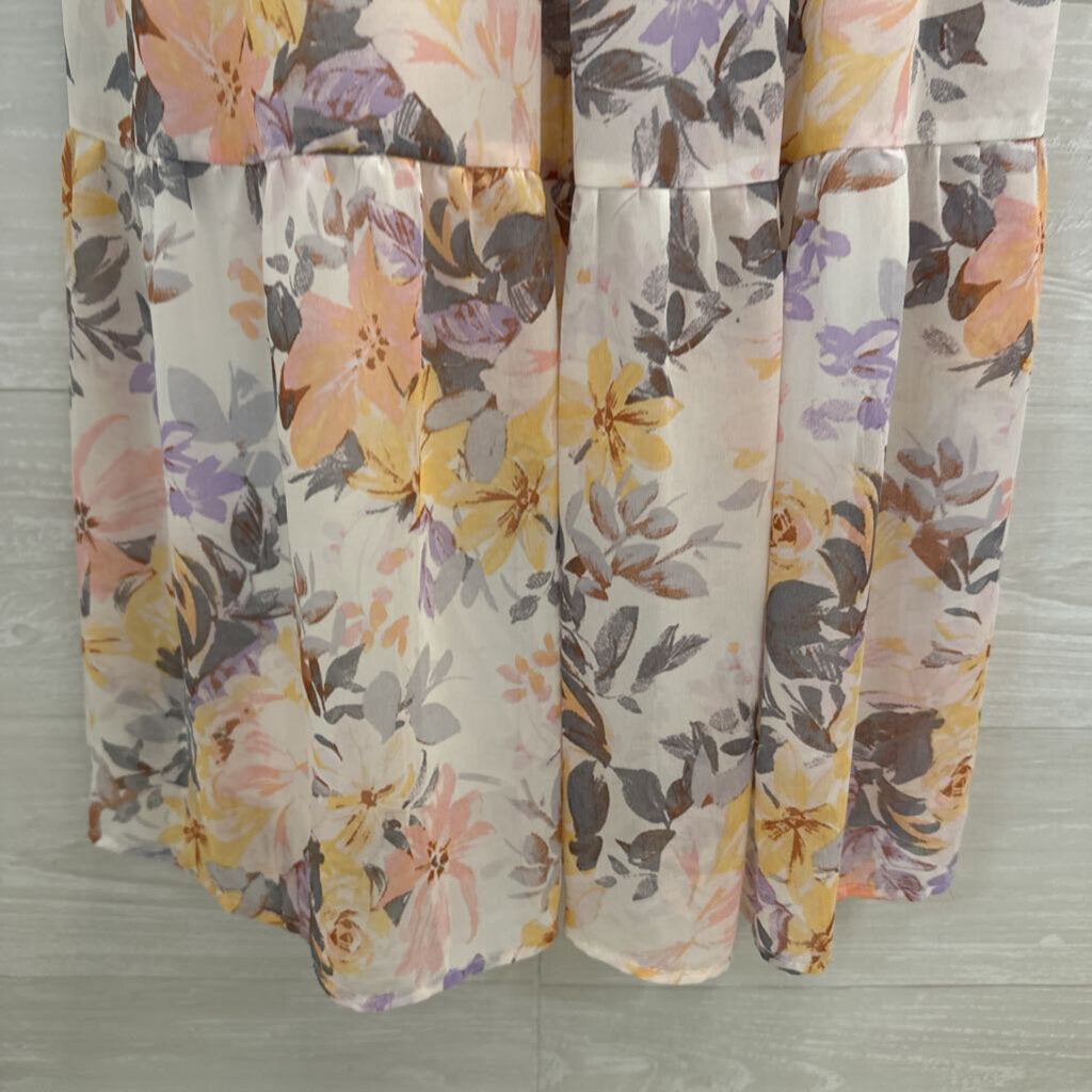 Luxology White/ Multi Floral Print Short Sleeve Maxi Dress Medium