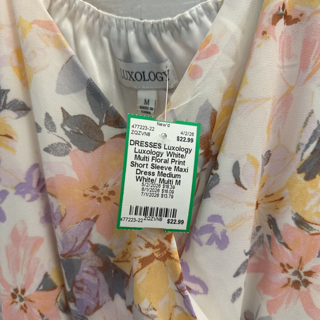 Luxology White/ Multi Floral Print Short Sleeve Maxi Dress Medium