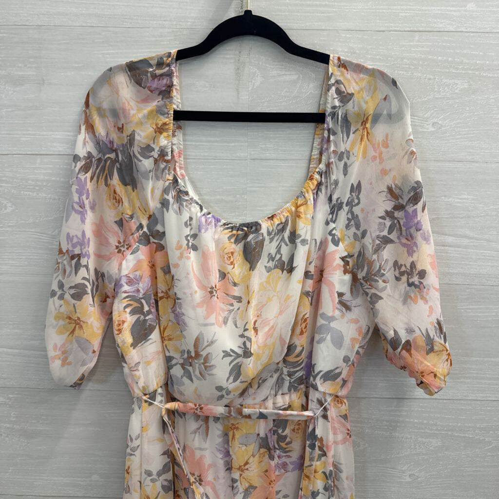 Luxology White/ Multi Floral Print Short Sleeve Maxi Dress Medium