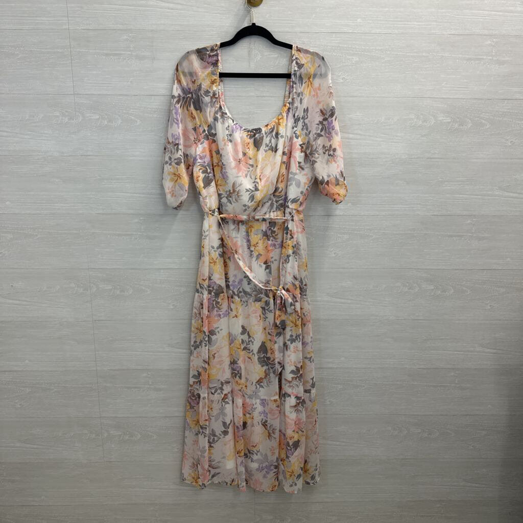 Luxology White/ Multi Floral Print Short Sleeve Maxi Dress Medium