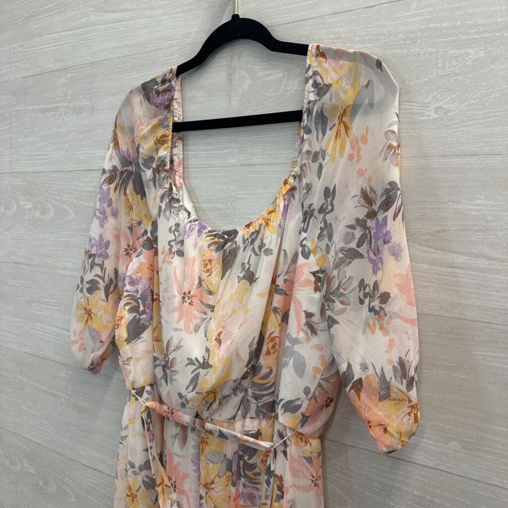 Luxology White/ Multi Floral Print Short Sleeve Maxi Dress Medium