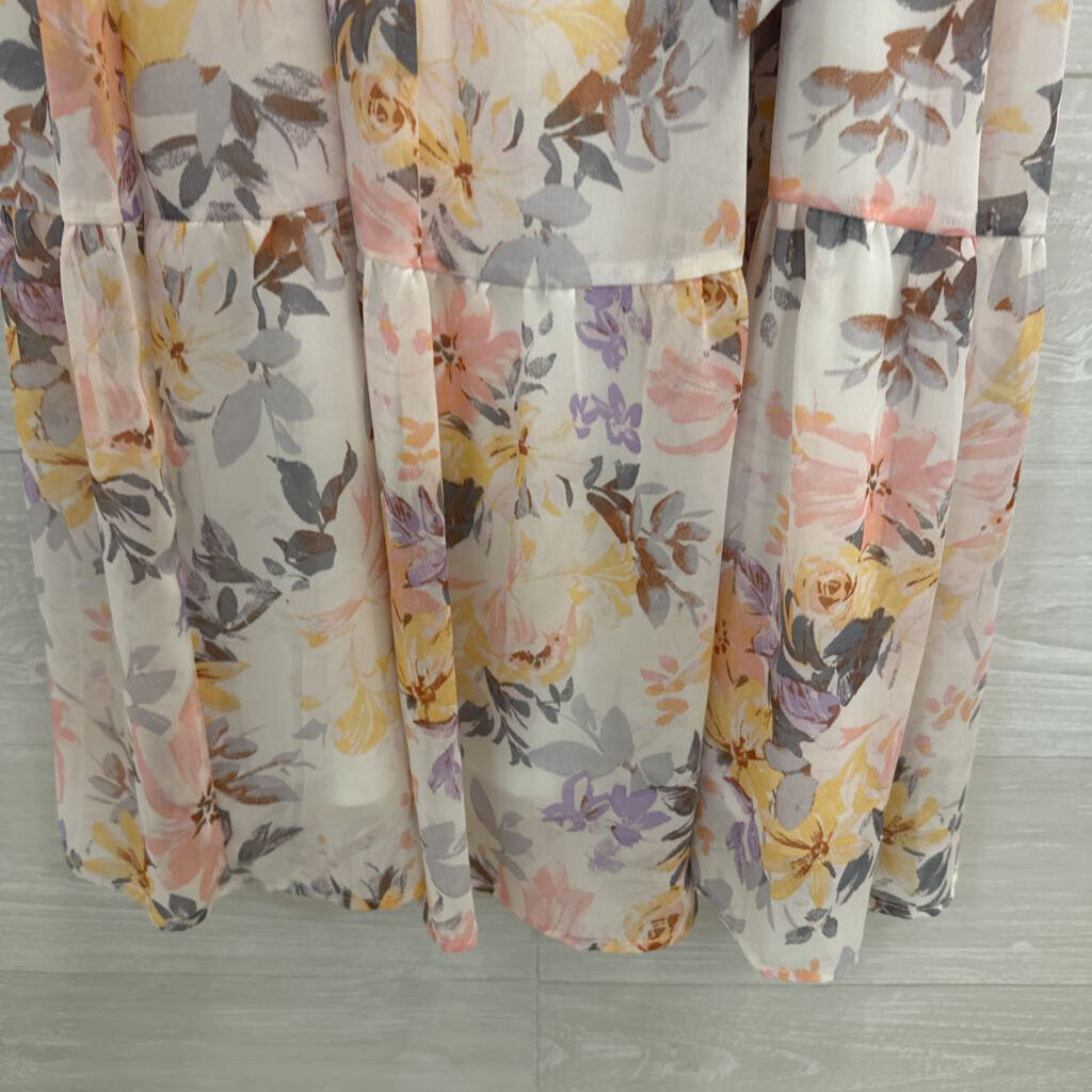 Luxology White/ Multi Floral Print Short Sleeve Maxi Dress Medium