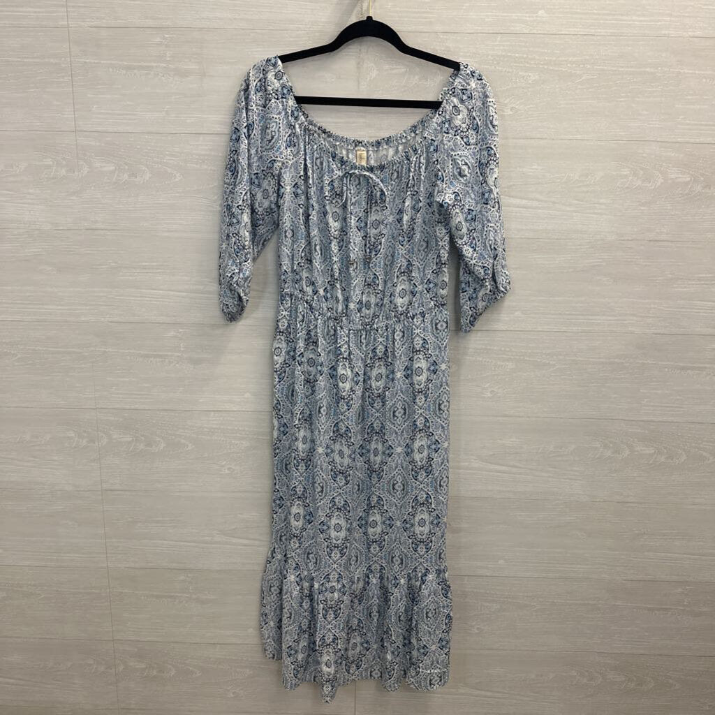 Bebop White/ Blue Print Long Sleeve Midi Dress Large
