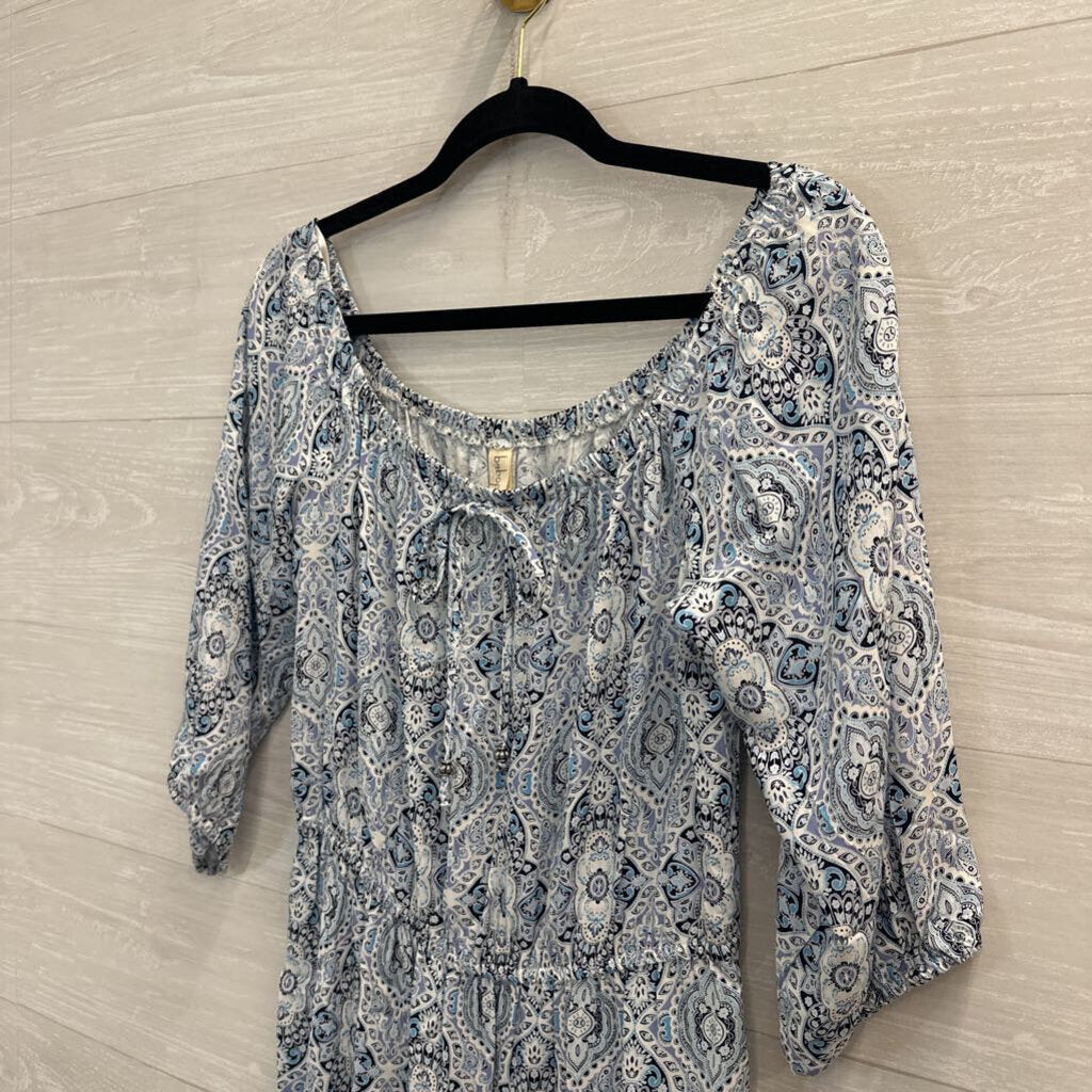 Bebop White/ Blue Print Long Sleeve Midi Dress Large