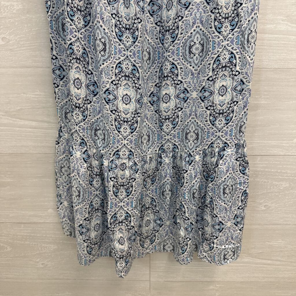 Bebop White/ Blue Print Long Sleeve Midi Dress Large