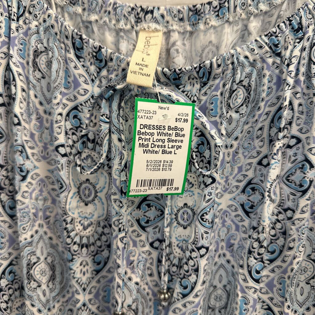 Bebop White/ Blue Print Long Sleeve Midi Dress Large