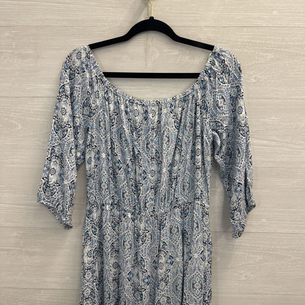 Bebop White/ Blue Print Long Sleeve Midi Dress Large