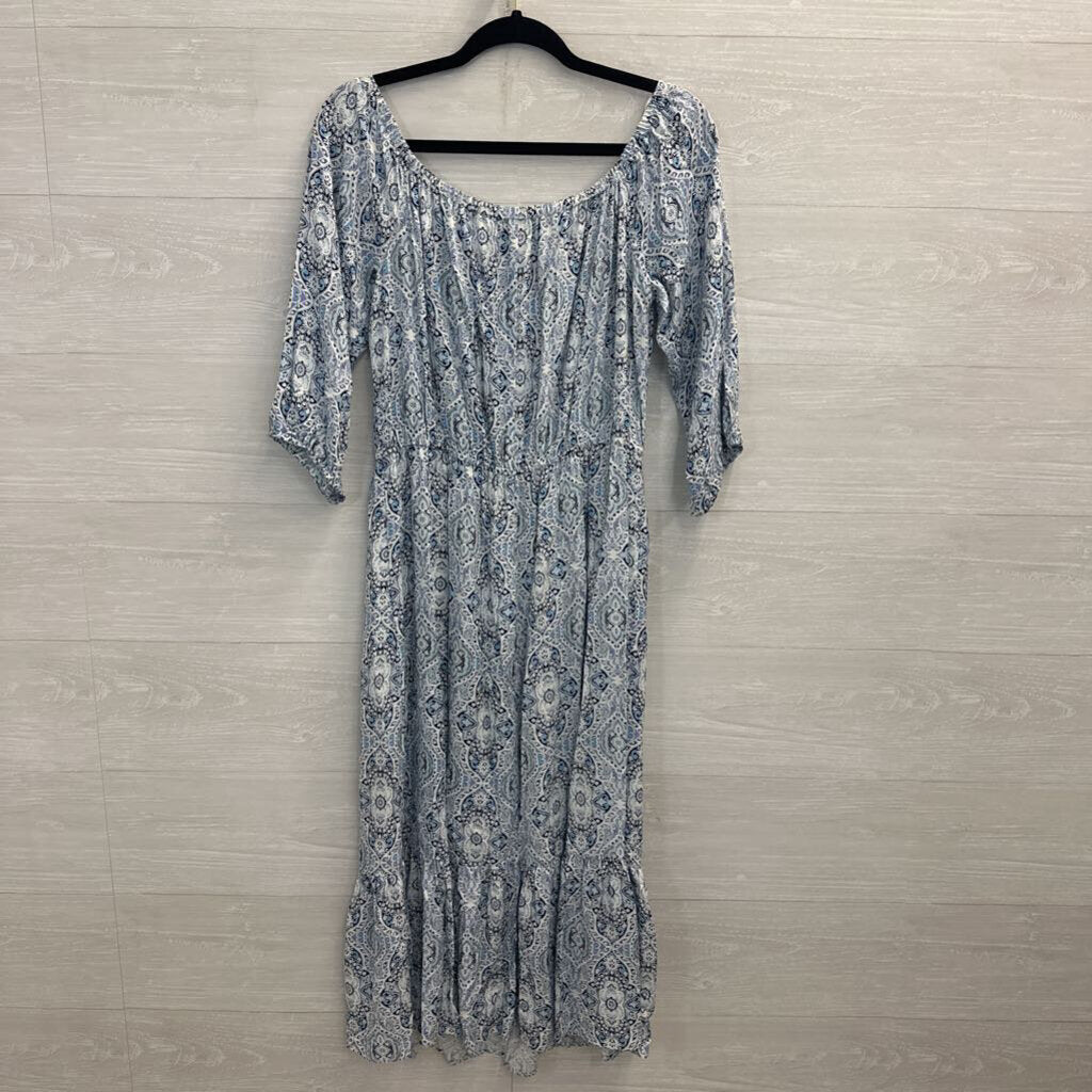 Bebop White/ Blue Print Long Sleeve Midi Dress Large