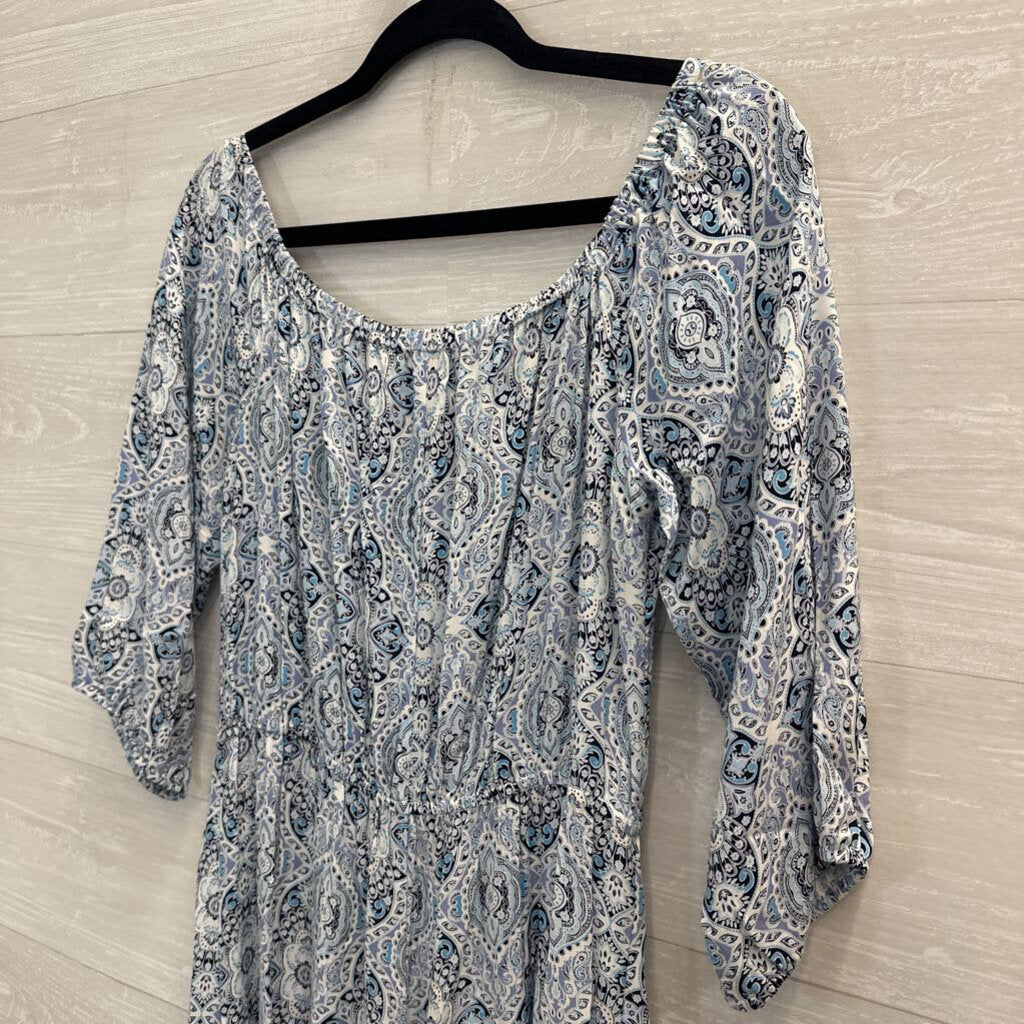 Bebop White/ Blue Print Long Sleeve Midi Dress Large