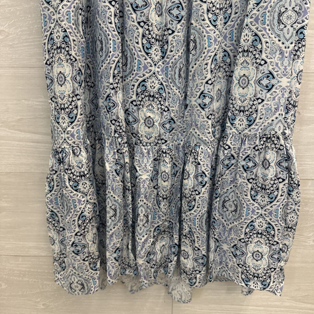 Bebop White/ Blue Print Long Sleeve Midi Dress Large