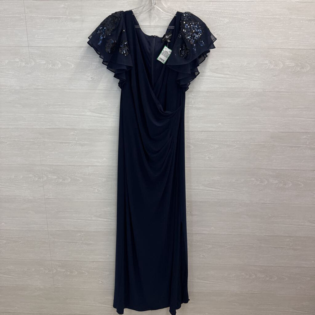 Betsy and Adam Navy Short Sequin Flutter Sleeve Long Formal Dress 8