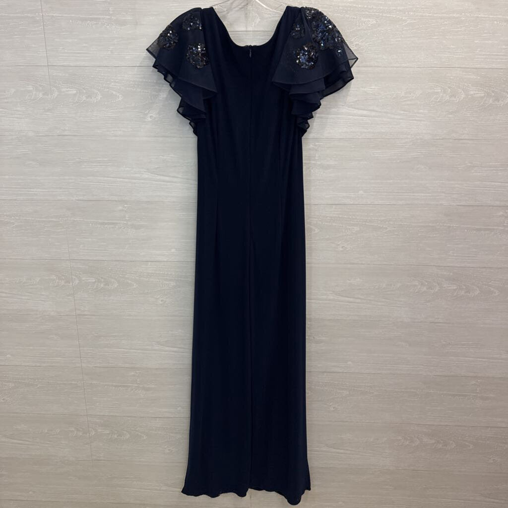 Betsy and Adam Navy Short Sequin Flutter Sleeve Long Formal Dress 8