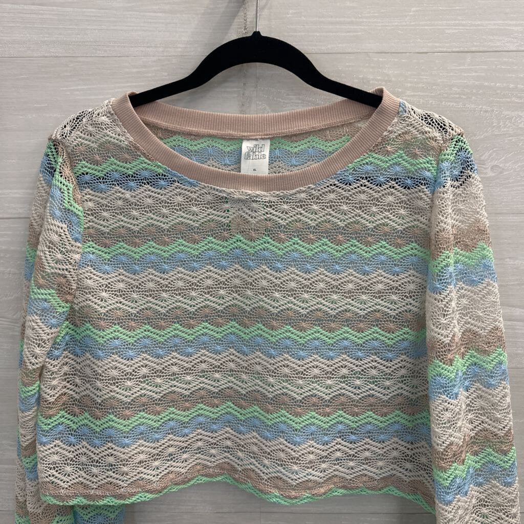 White/ Multi Striped Open Knit Cropped Long Sleeve Top Extra Large