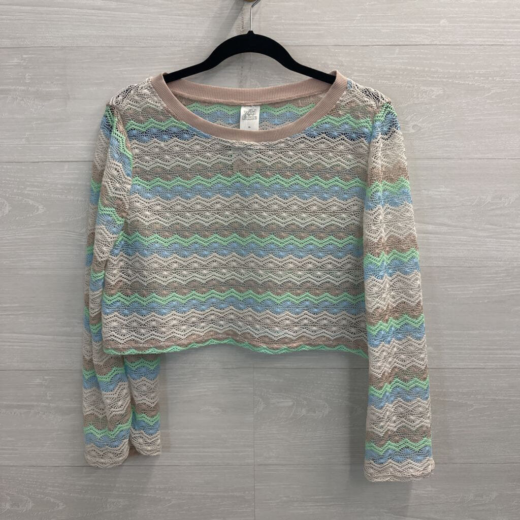 White/ Multi Striped Open Knit Cropped Long Sleeve Top Extra Large