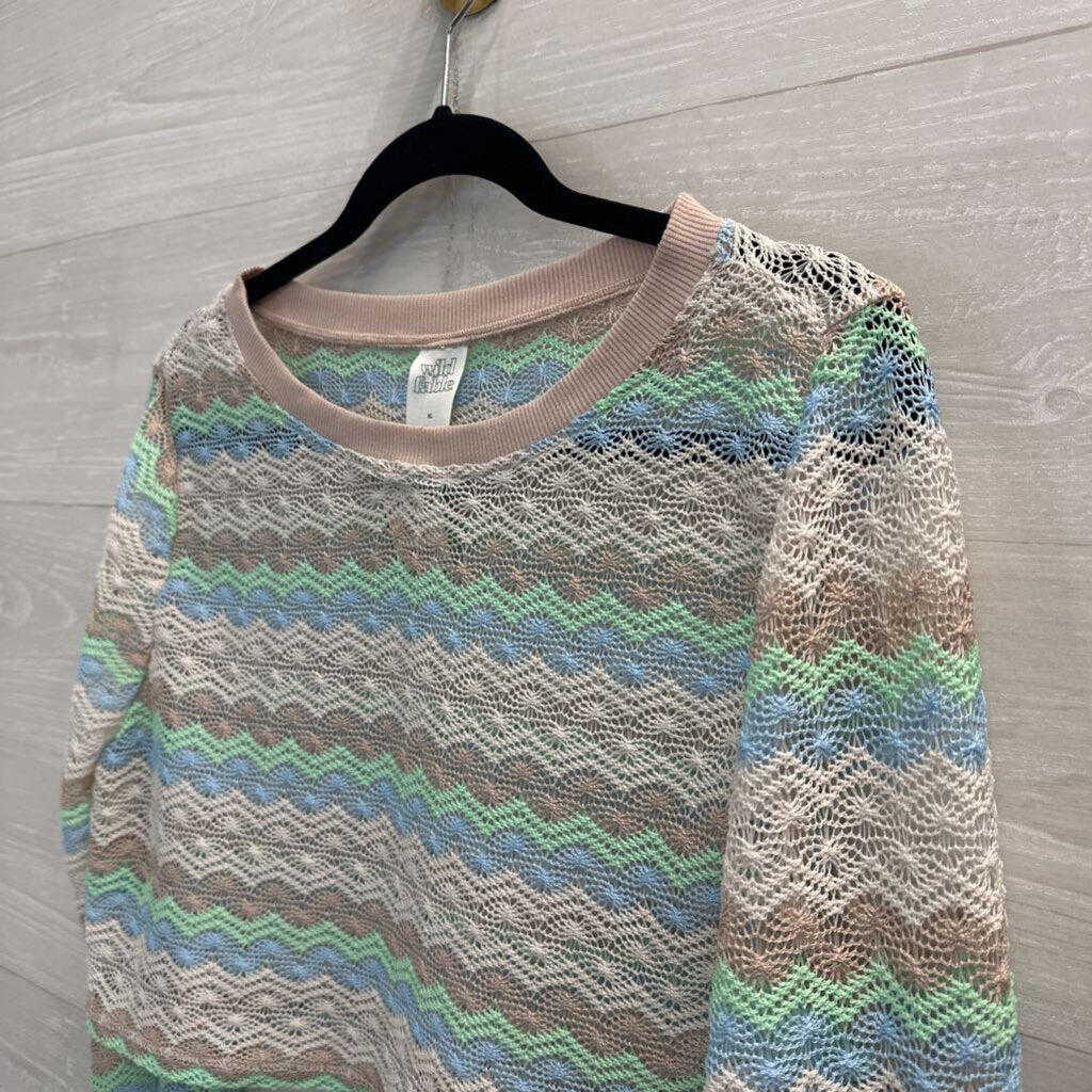 White/ Multi Striped Open Knit Cropped Long Sleeve Top Extra Large