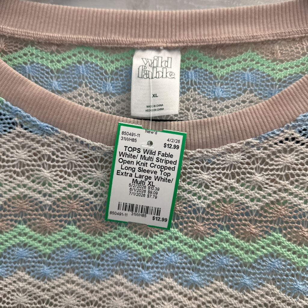 White/ Multi Striped Open Knit Cropped Long Sleeve Top Extra Large