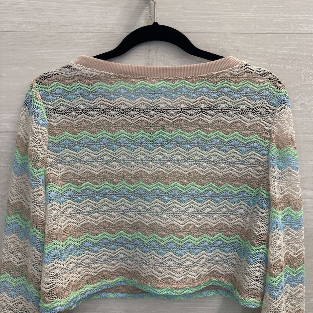 White/ Multi Striped Open Knit Cropped Long Sleeve Top Extra Large