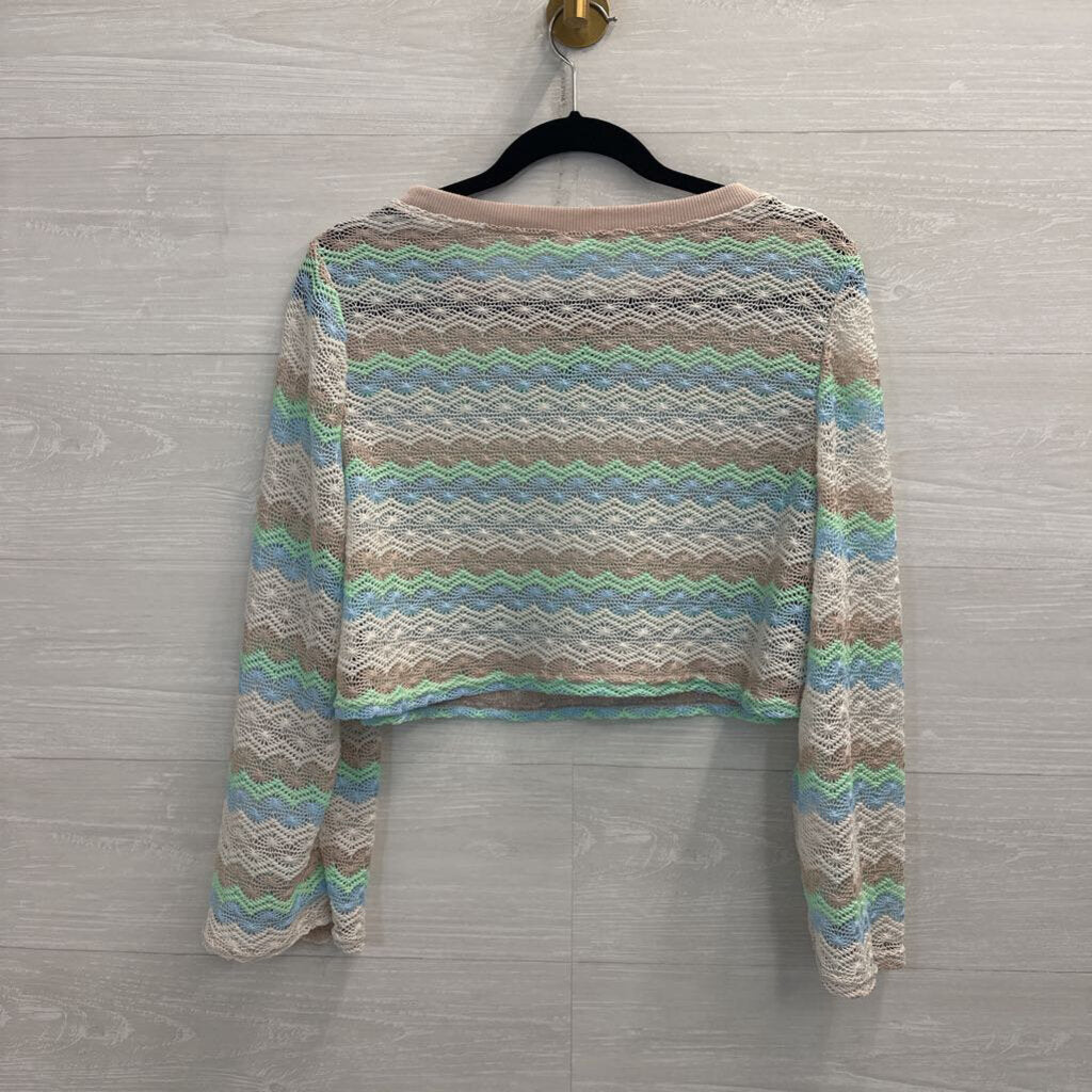 White/ Multi Striped Open Knit Cropped Long Sleeve Top Extra Large