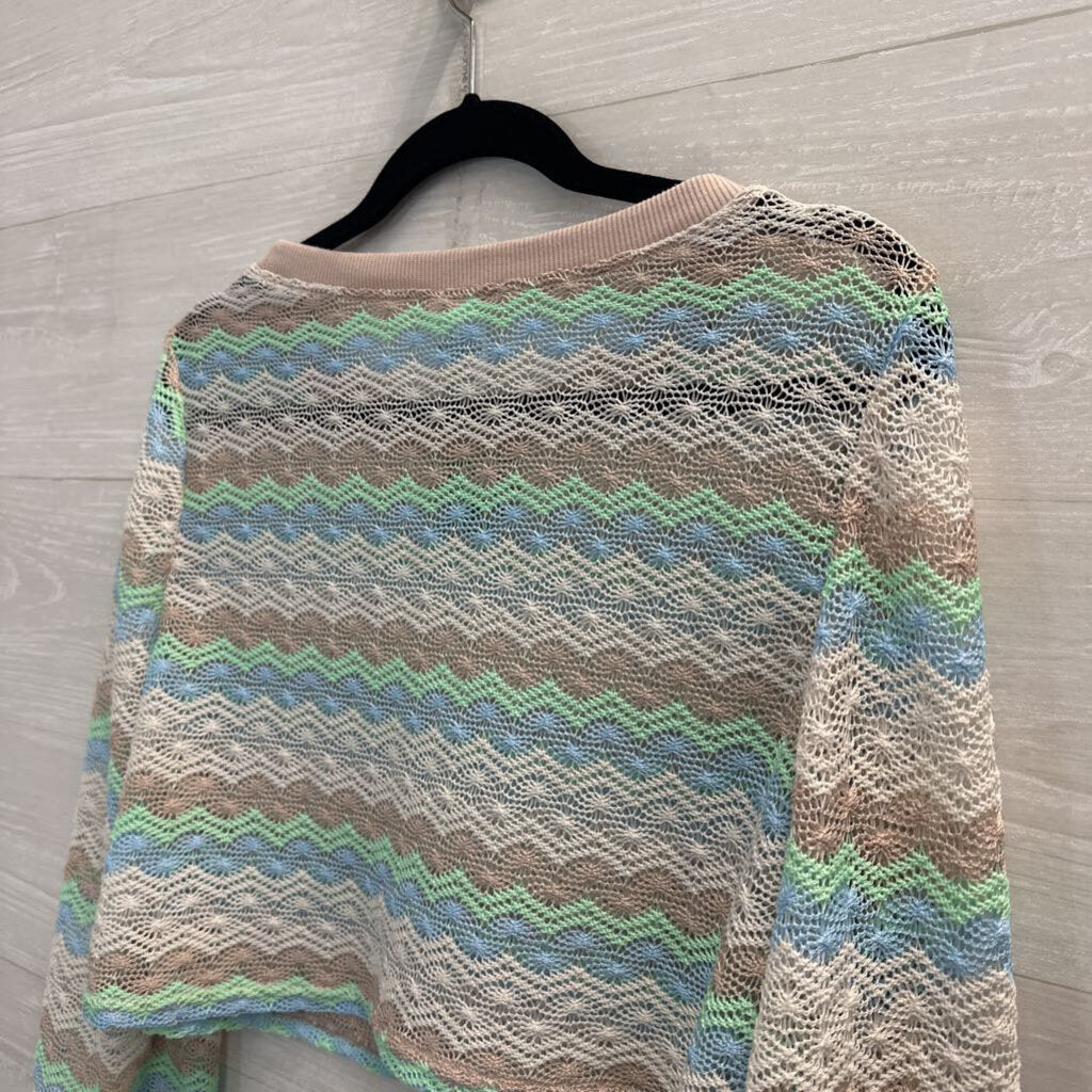 White/ Multi Striped Open Knit Cropped Long Sleeve Top Extra Large