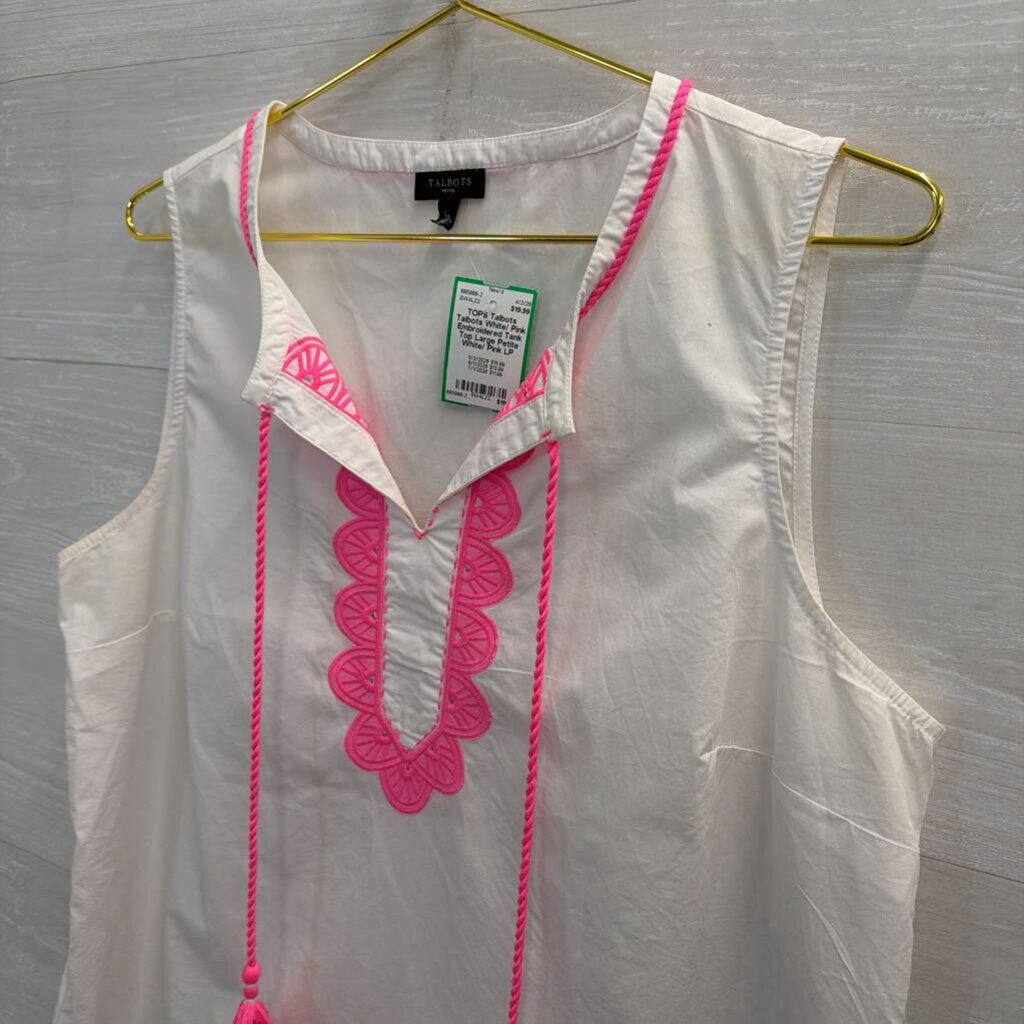 Talbots White/ Pink Embroidered Tank Top Large Petite