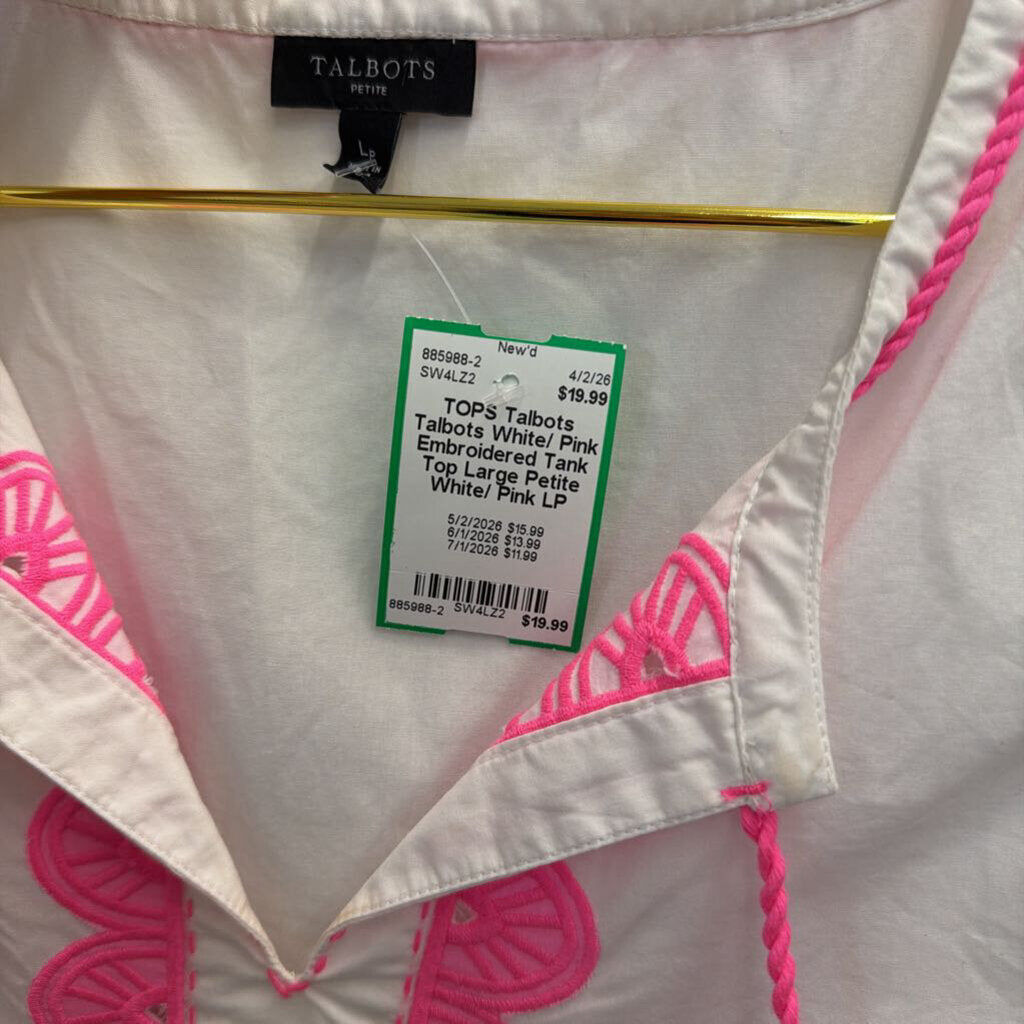 Talbots White/ Pink Embroidered Tank Top Large Petite