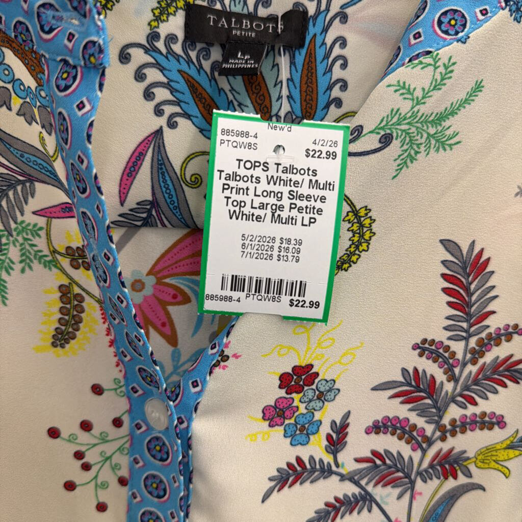 Talbots White/ Multi Print Long Sleeve Top Large Petite