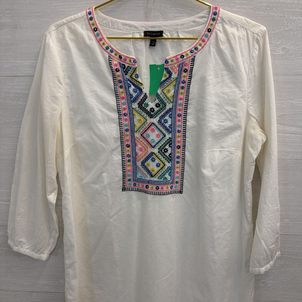 Talbots White/ Multi Embroidered Long Sleeve Top Medium