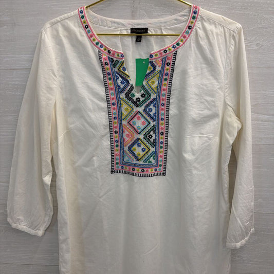 Talbots White/ Multi Embroidered Long Sleeve Top Medium