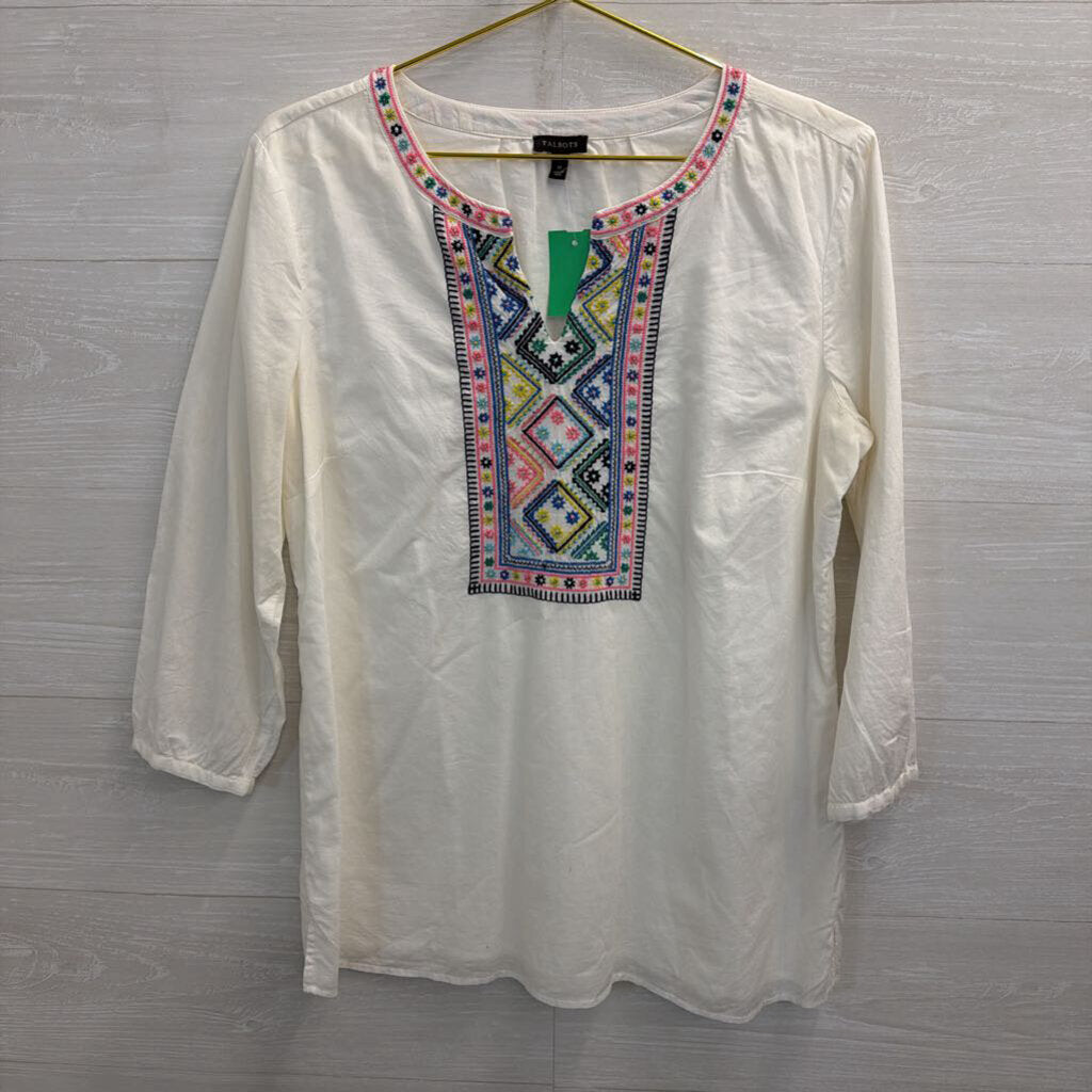 Talbots White/ Multi Embroidered Long Sleeve Top Medium