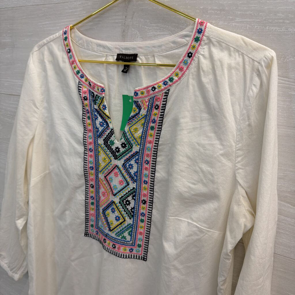 Talbots White/ Multi Embroidered Long Sleeve Top Medium