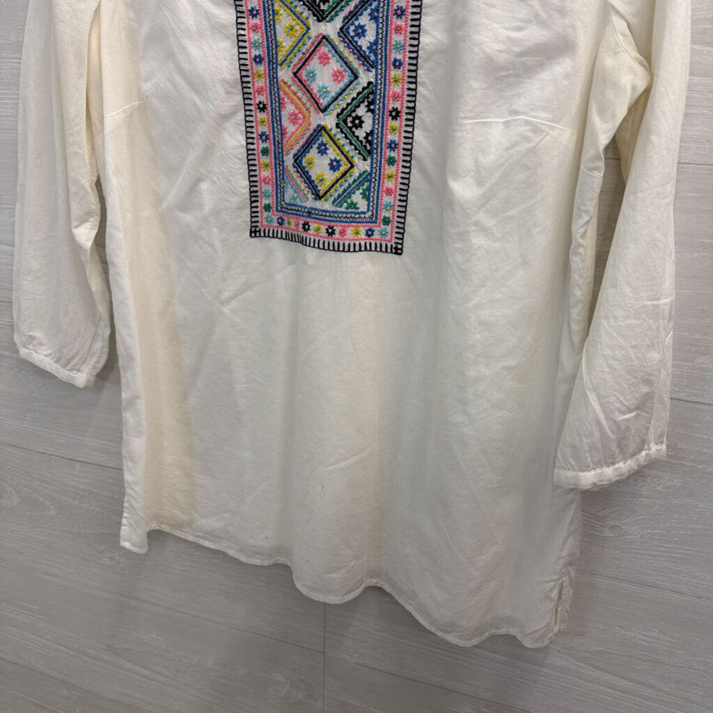 Talbots White/ Multi Embroidered Long Sleeve Top Medium