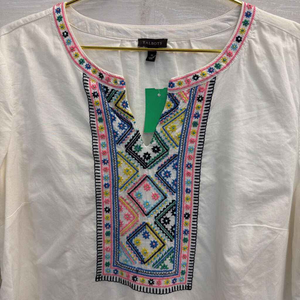 Talbots White/ Multi Embroidered Long Sleeve Top Medium