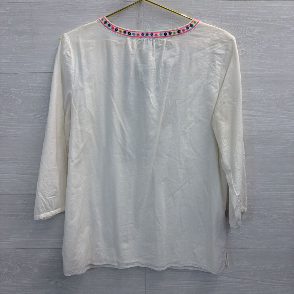 Talbots White/ Multi Embroidered Long Sleeve Top Medium