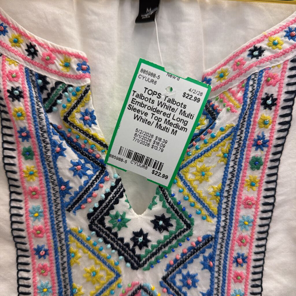 Talbots White/ Multi Embroidered Long Sleeve Top Medium