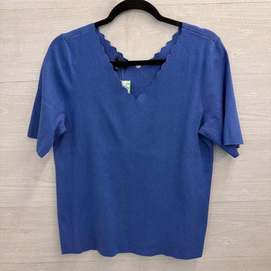 Talbots Blue Scallop Neck Short Sleeve Top Large Petite