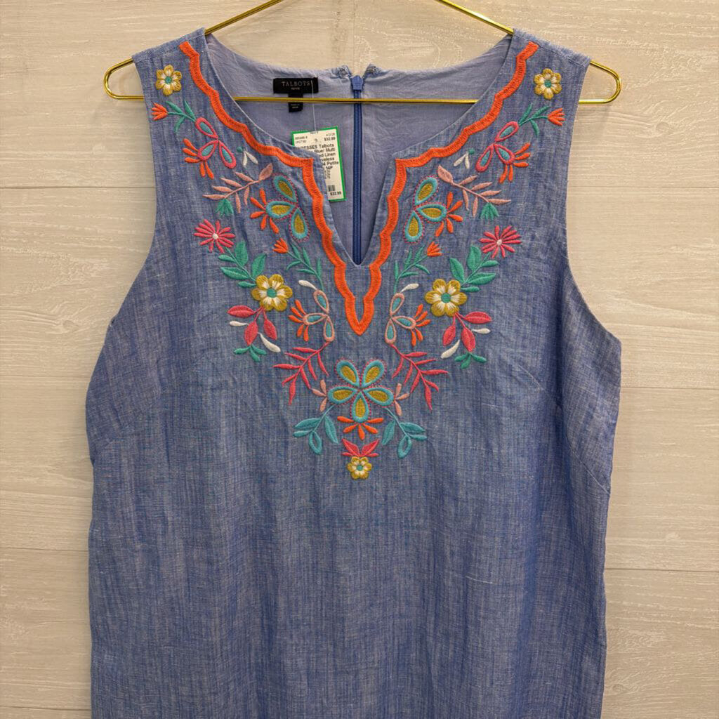 Talbots Blue/ Multi Embroidered Linen Blend Sleeveless Shift Dress 14 Petite