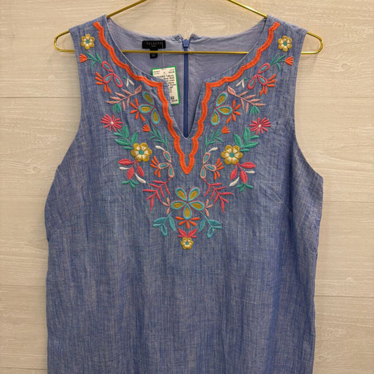 Talbots Blue/ Multi Embroidered Linen Blend Sleeveless Shift Dress 14 Petite