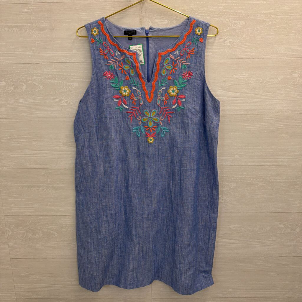 Talbots Blue/ Multi Embroidered Linen Blend Sleeveless Shift Dress 14 Petite