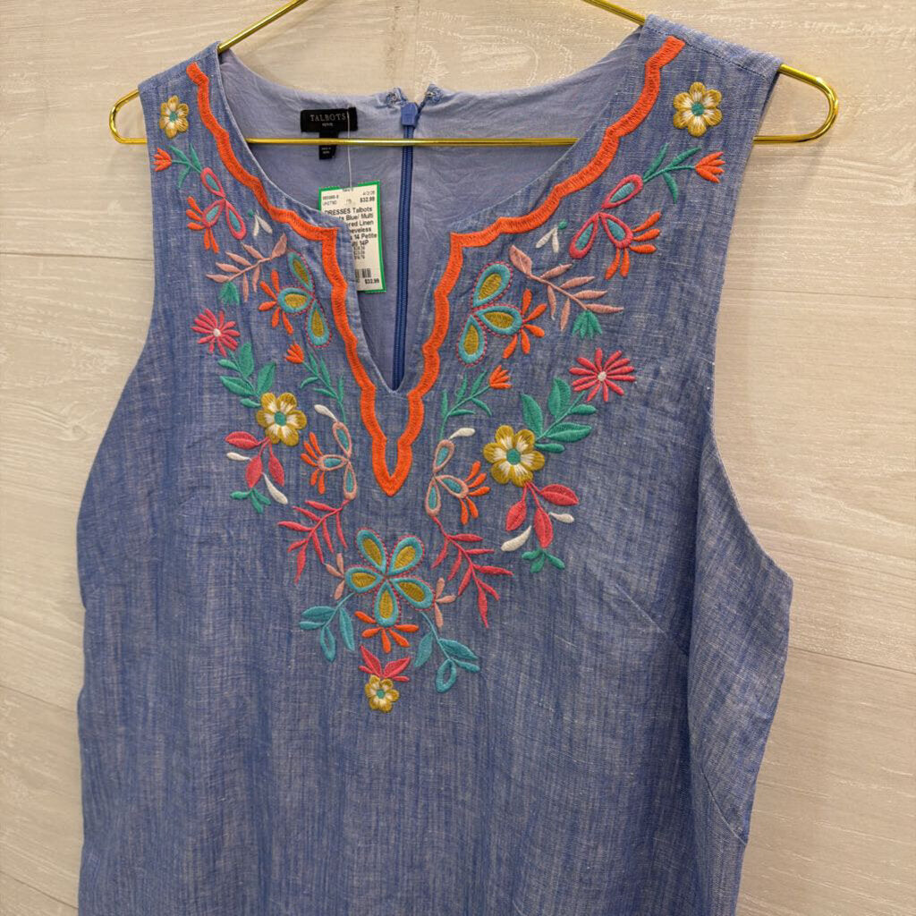 Talbots Blue/ Multi Embroidered Linen Blend Sleeveless Shift Dress 14 Petite