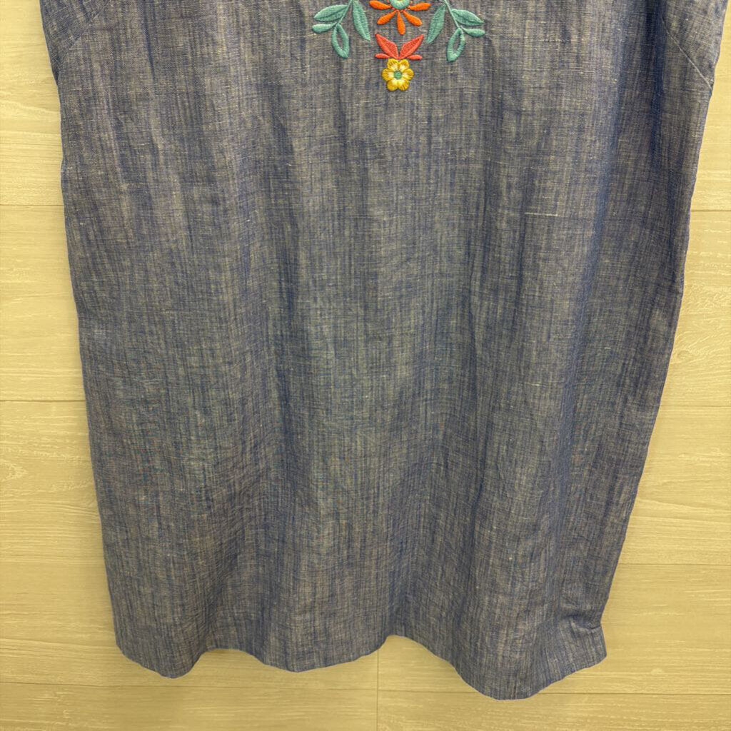 Talbots Blue/ Multi Embroidered Linen Blend Sleeveless Shift Dress 14 Petite