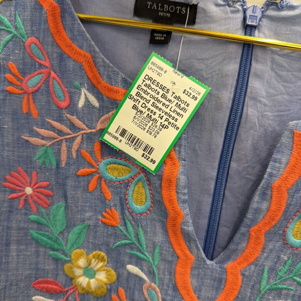 Talbots Blue/ Multi Embroidered Linen Blend Sleeveless Shift Dress 14 Petite