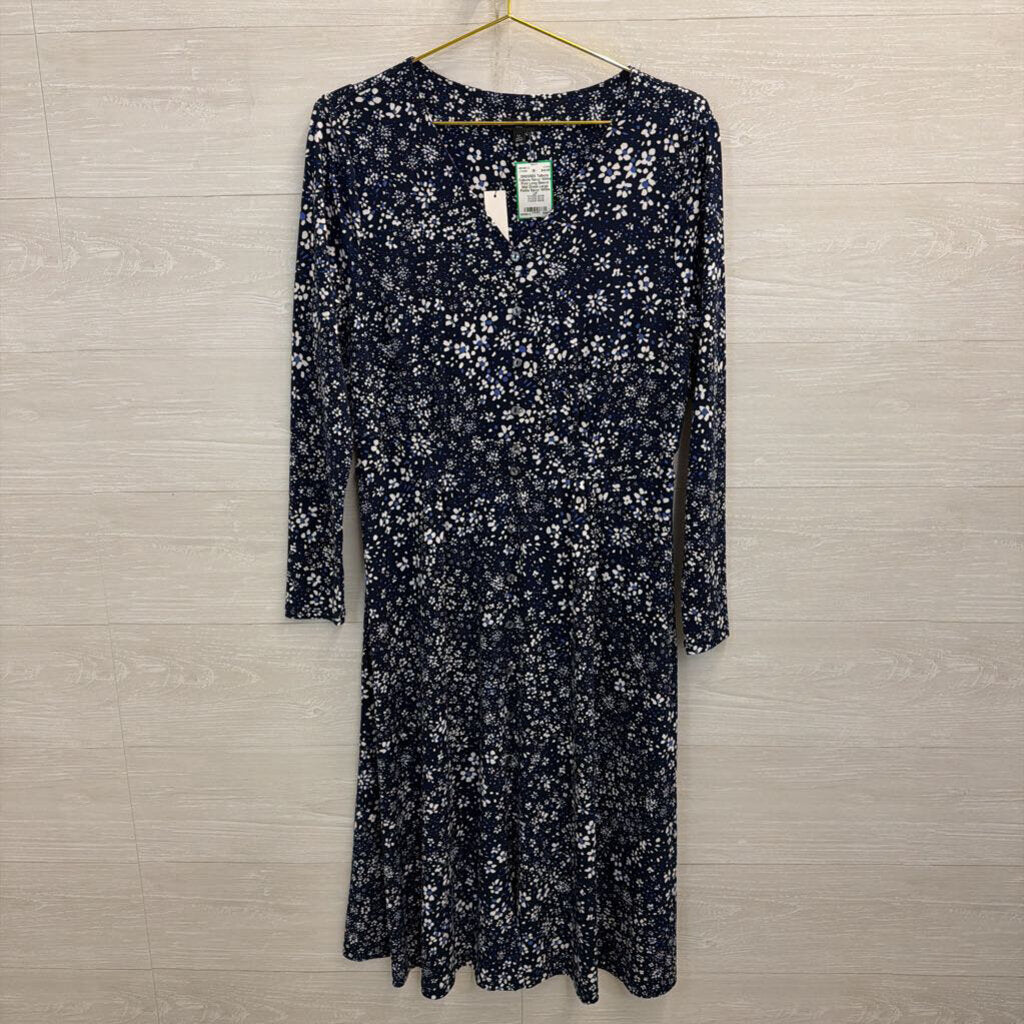 Talbots Navy/ White Print Long Sleeve Midi Dress Large Petite