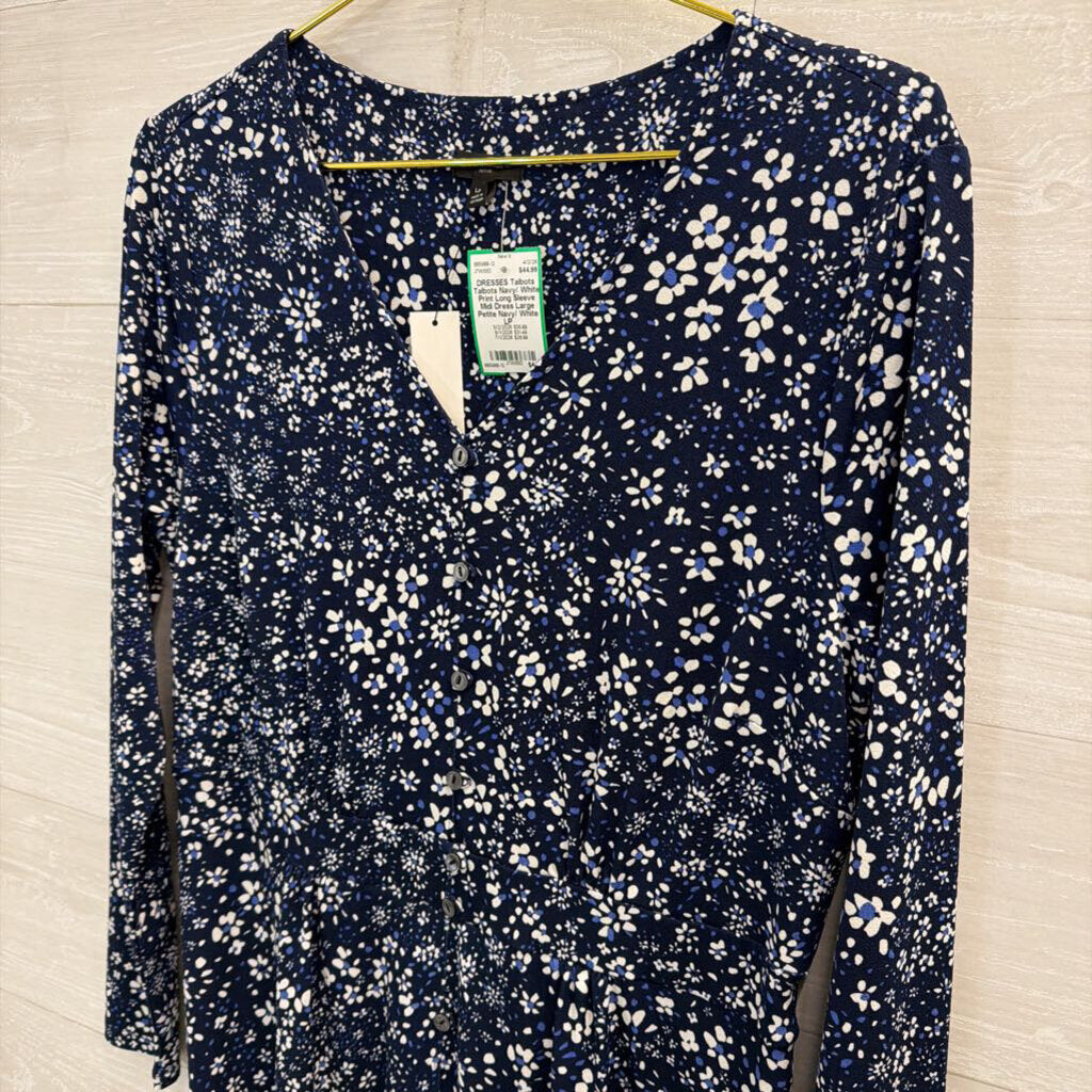 Talbots Navy/ White Print Long Sleeve Midi Dress Large Petite