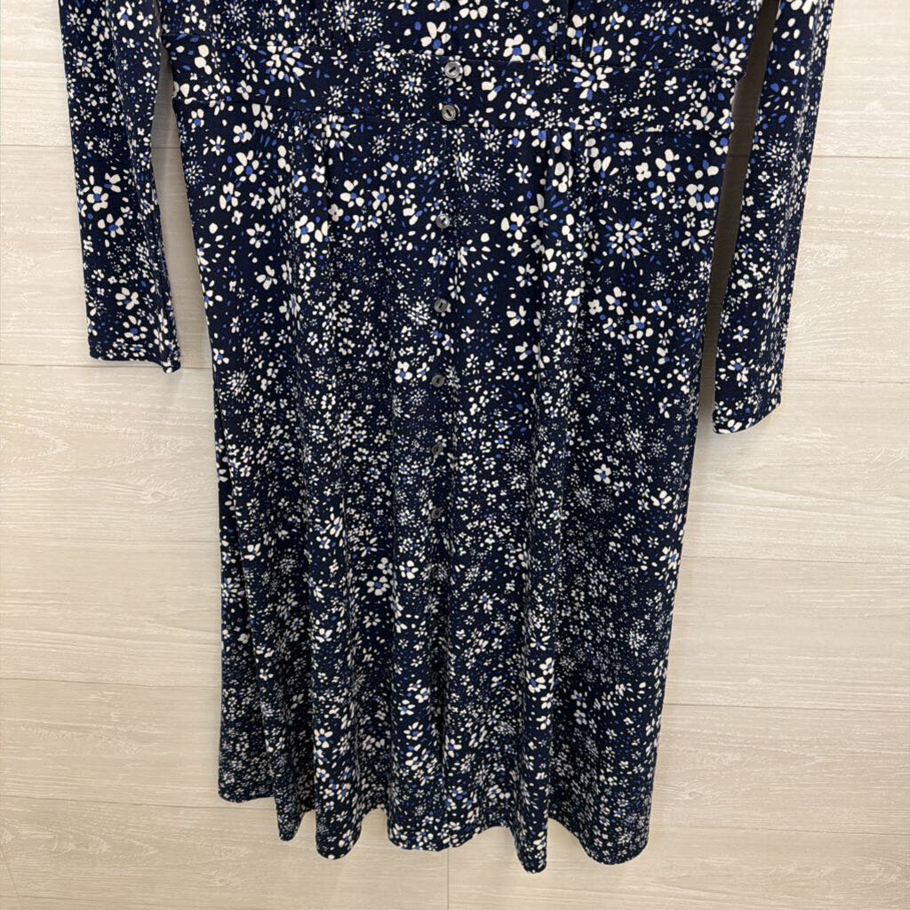 Talbots Navy/ White Print Long Sleeve Midi Dress Large Petite