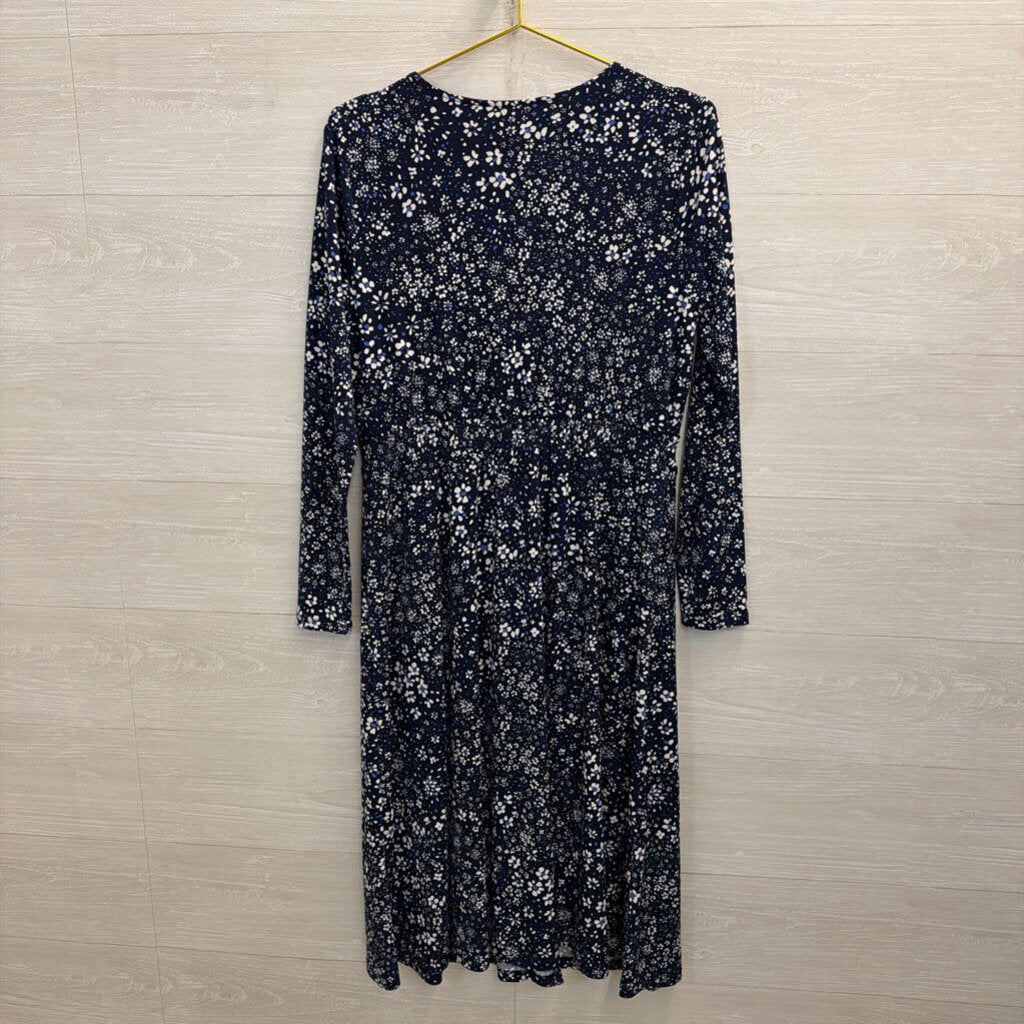 Talbots Navy/ White Print Long Sleeve Midi Dress Large Petite