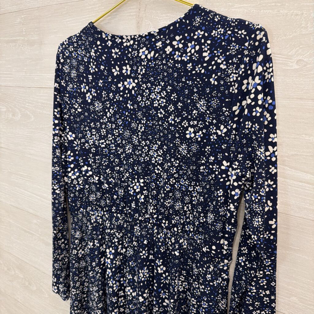 Talbots Navy/ White Print Long Sleeve Midi Dress Large Petite