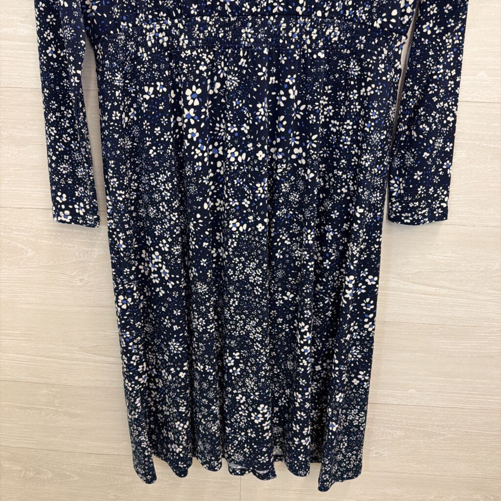 Talbots Navy/ White Print Long Sleeve Midi Dress Large Petite