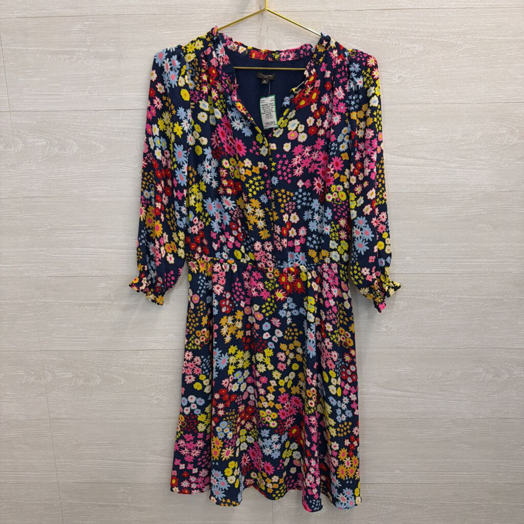 Talbots Navy/ Multi Floral Print Long Sleeve Dress Medium Peitite