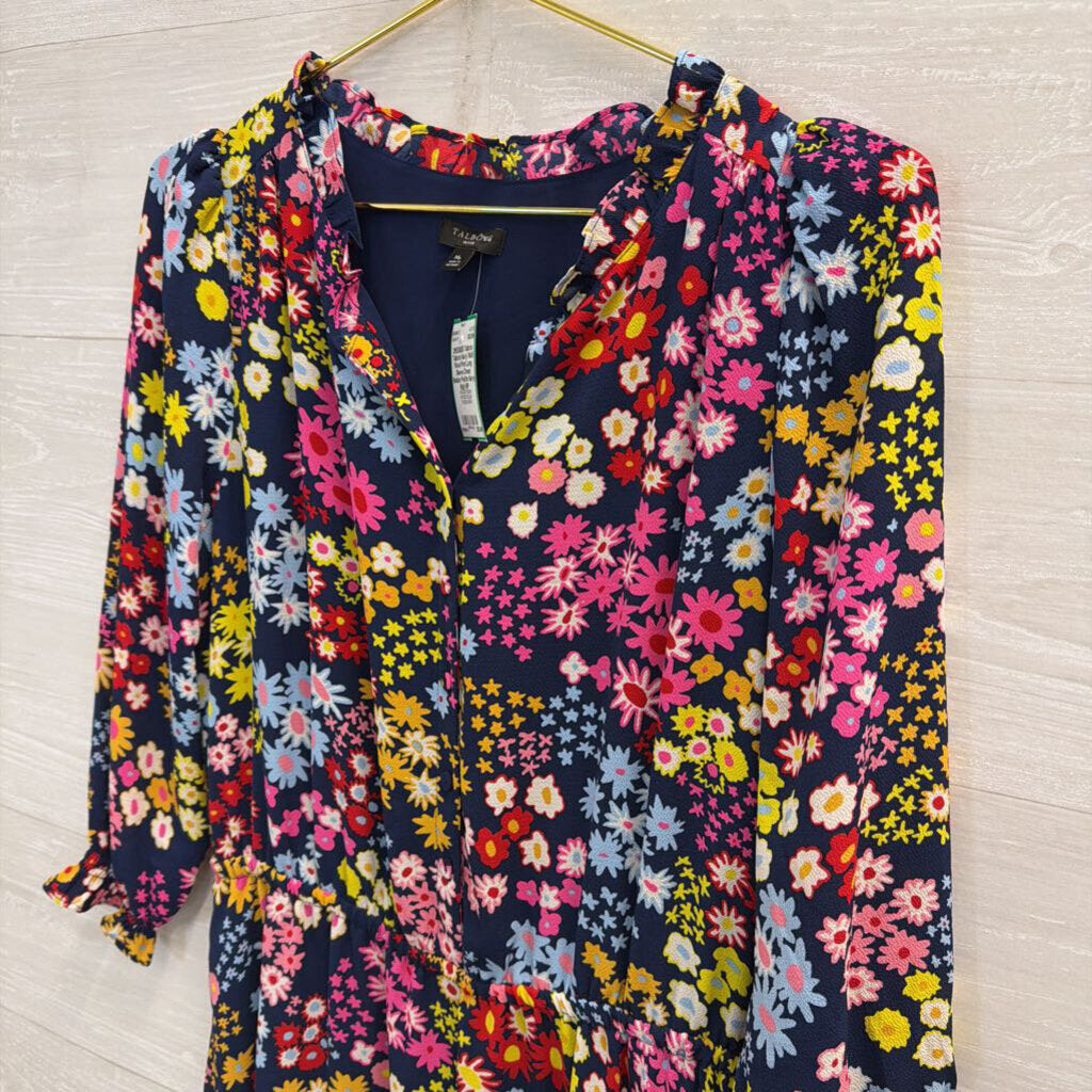 Talbots Navy/ Multi Floral Print Long Sleeve Dress Medium Peitite